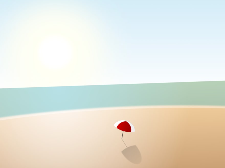 Cartoon of a beach with a sunset, and an umbrella open on the sand