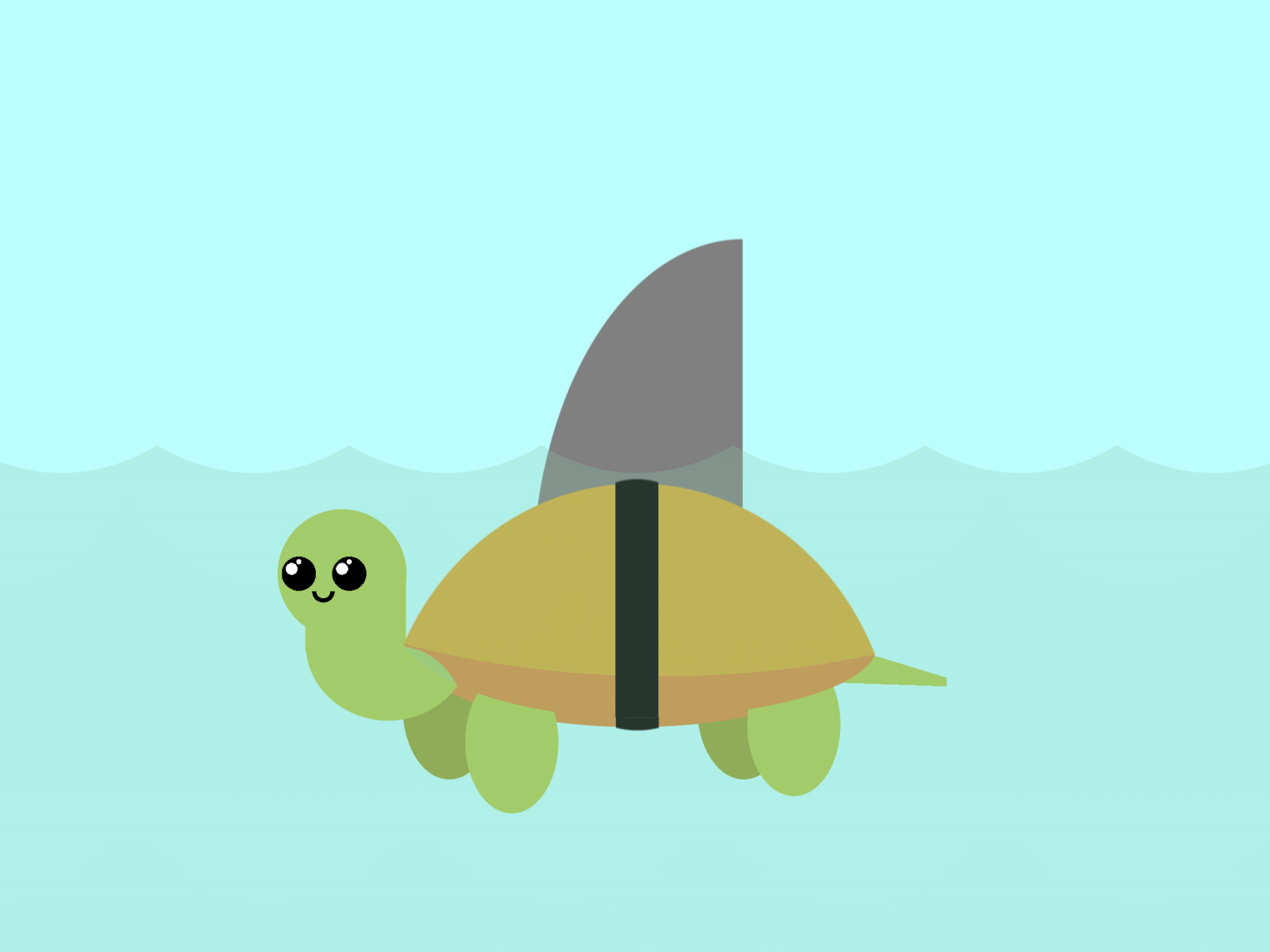 Cartoon of a turtle wearing a fake shark fin