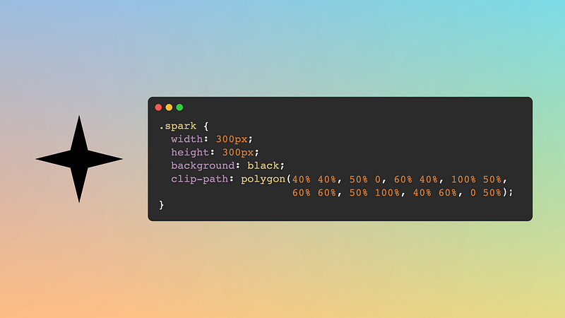 A four point spark shape next to the CSS code to draw it