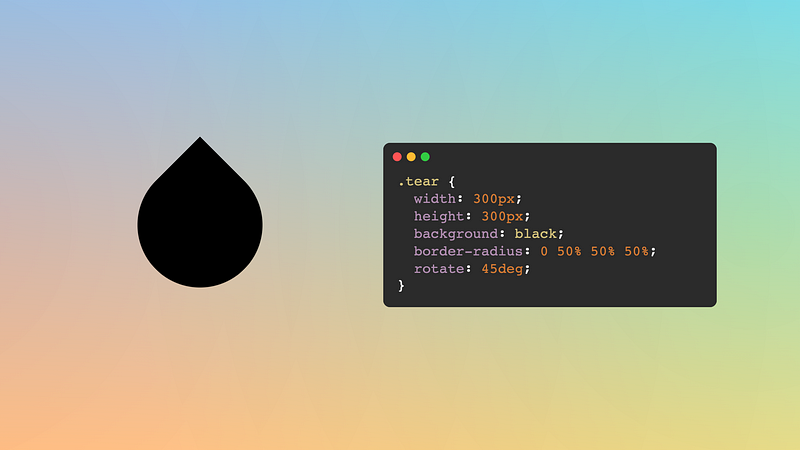 A tear shape next to the CSS code to draw a tear shape