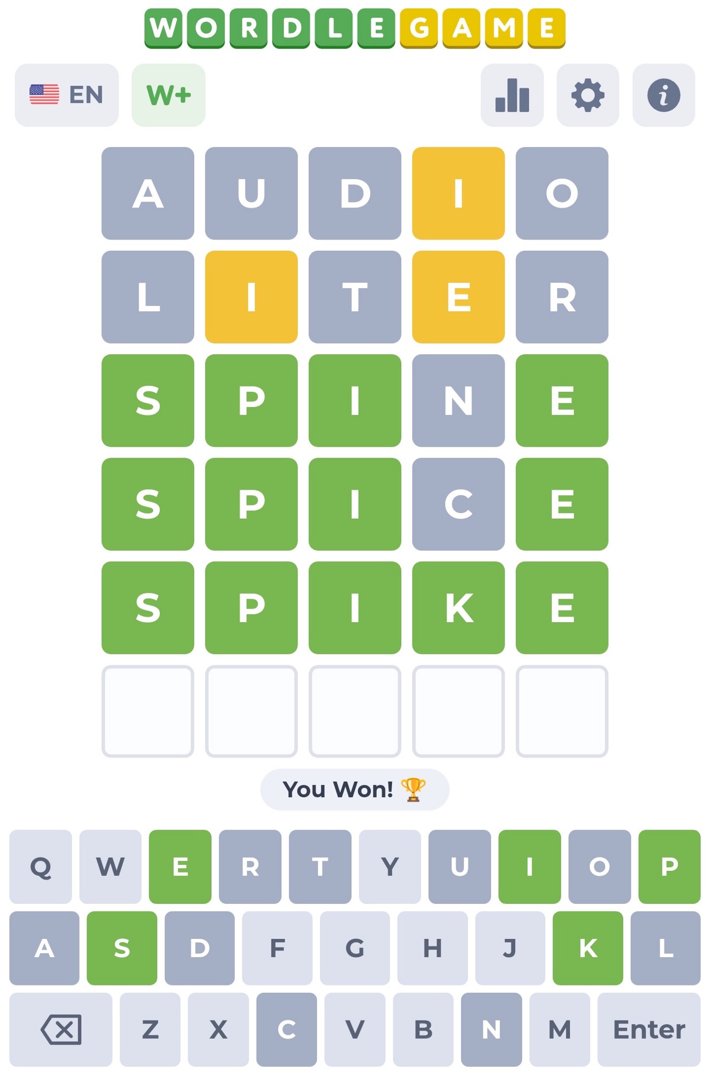 Screenshot of WordleGame with the words AUDIO (I in yellow), LITER (I and E in yellow), SPINE (S, P, I, and E in green), SPICE (S, P, I, and E in green), SPIKE (correct word)