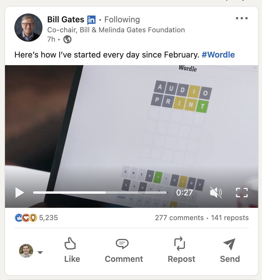Screenshot of Bill Gates' post on LinkedIn showing him playing Wordle